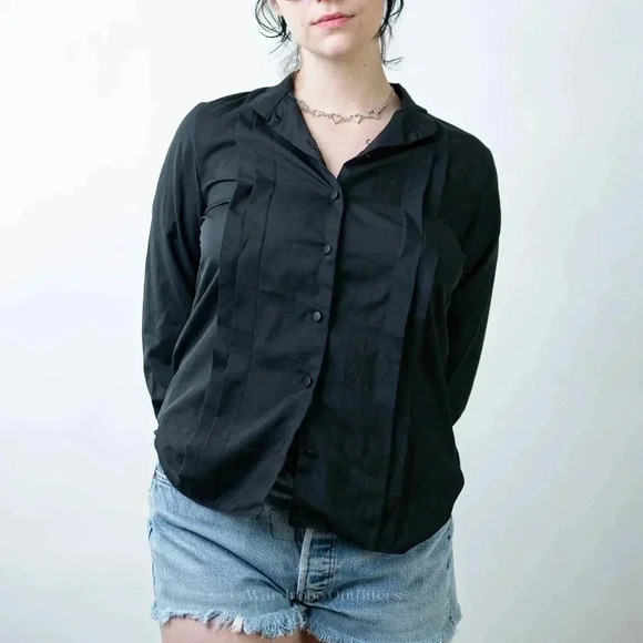 Vintage 90s Sheer Black Pleated Button Down Blouse - Picture 7 of 8